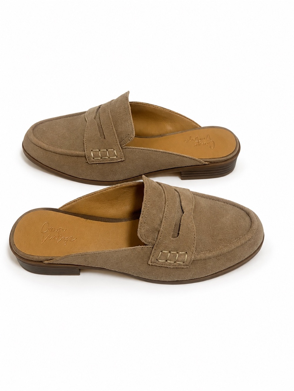 Crown Vintage Taupe Suede Backless Penny Loafers